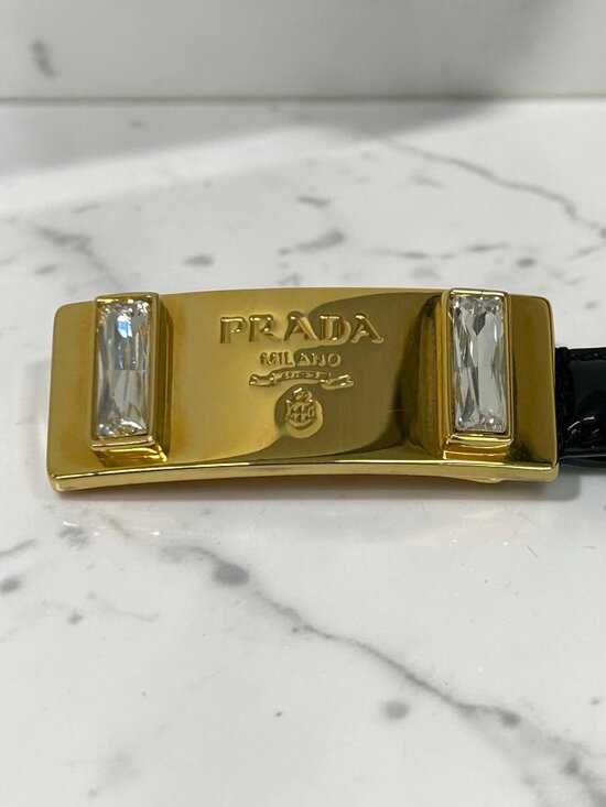 Prada Black Patent Leather Belt with Crystal-Embellished Gold Buckle main image 5